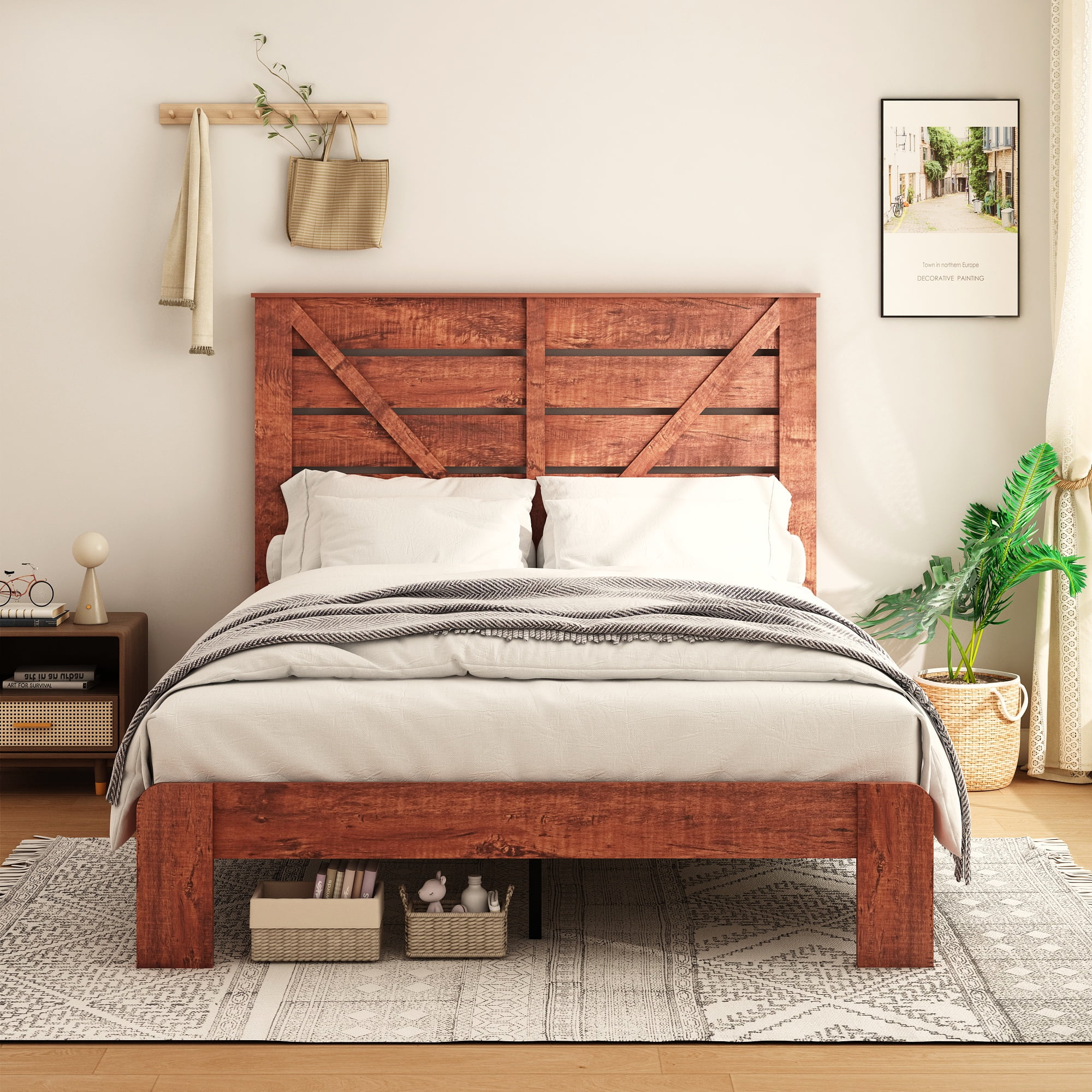 CoSoTower Queen Bed Frame Headboard , Wood Platform Bed Frame , Noise Free,No Box Spring Needed and Easy Assembly Tool,Large Under Bed Storage