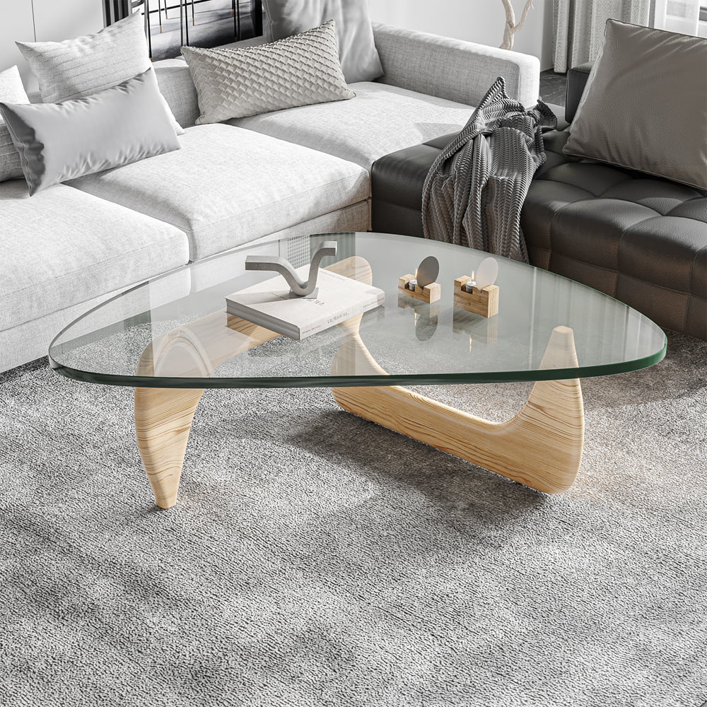 Mid Century End Table Triangle Tempered Glass Coffee Table Solid Wooden Base for Living Room Patio,Nature Wood Color - Radiant Selections