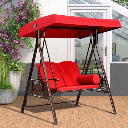 PURPLE LEAF 3-Seat Deluxe Outdoor Patio Porch Swing with Weather Resistant Steel Frame, Adjustable Tilt Canopy, Cushions and Pillow Included, Beige