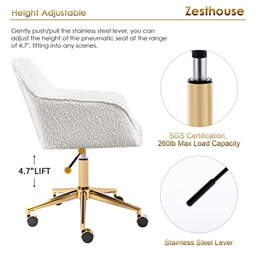 Zesthouse Modern Desk Chair with Wheels, White Swivel Vanity Chair for Girls Women, Upholstered Home Office Chair Boucle Armchair for Bedroom
