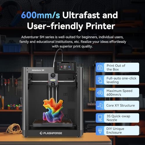FLASHFORGE Adventurer 5M 3D Printer with Fully Auto Leveling System, Max 600mm/s High-Speed, 280℃ Quick-Detach Nozzle