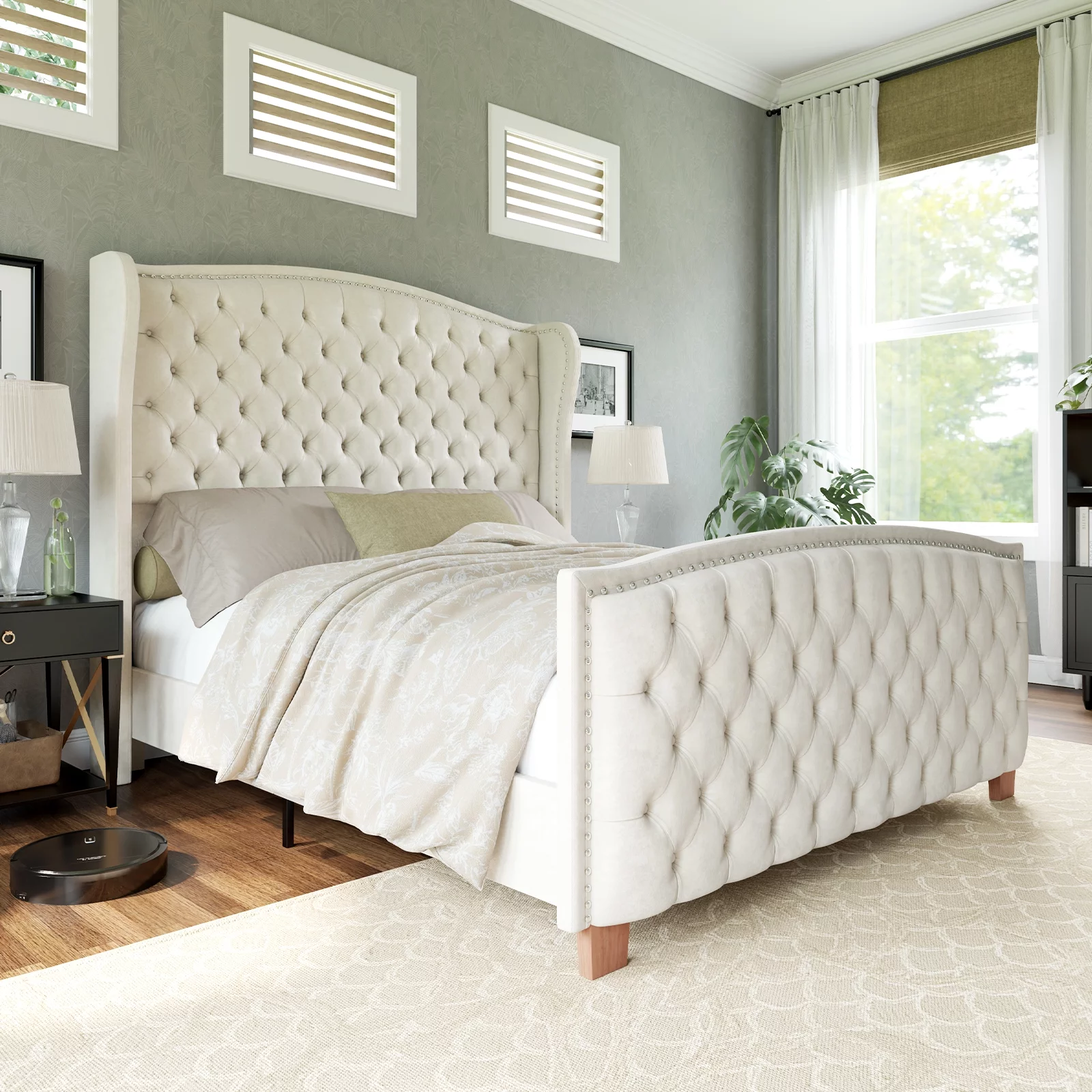 Amerlife 62" High Queen Size Platform Bed Frame, Cream
