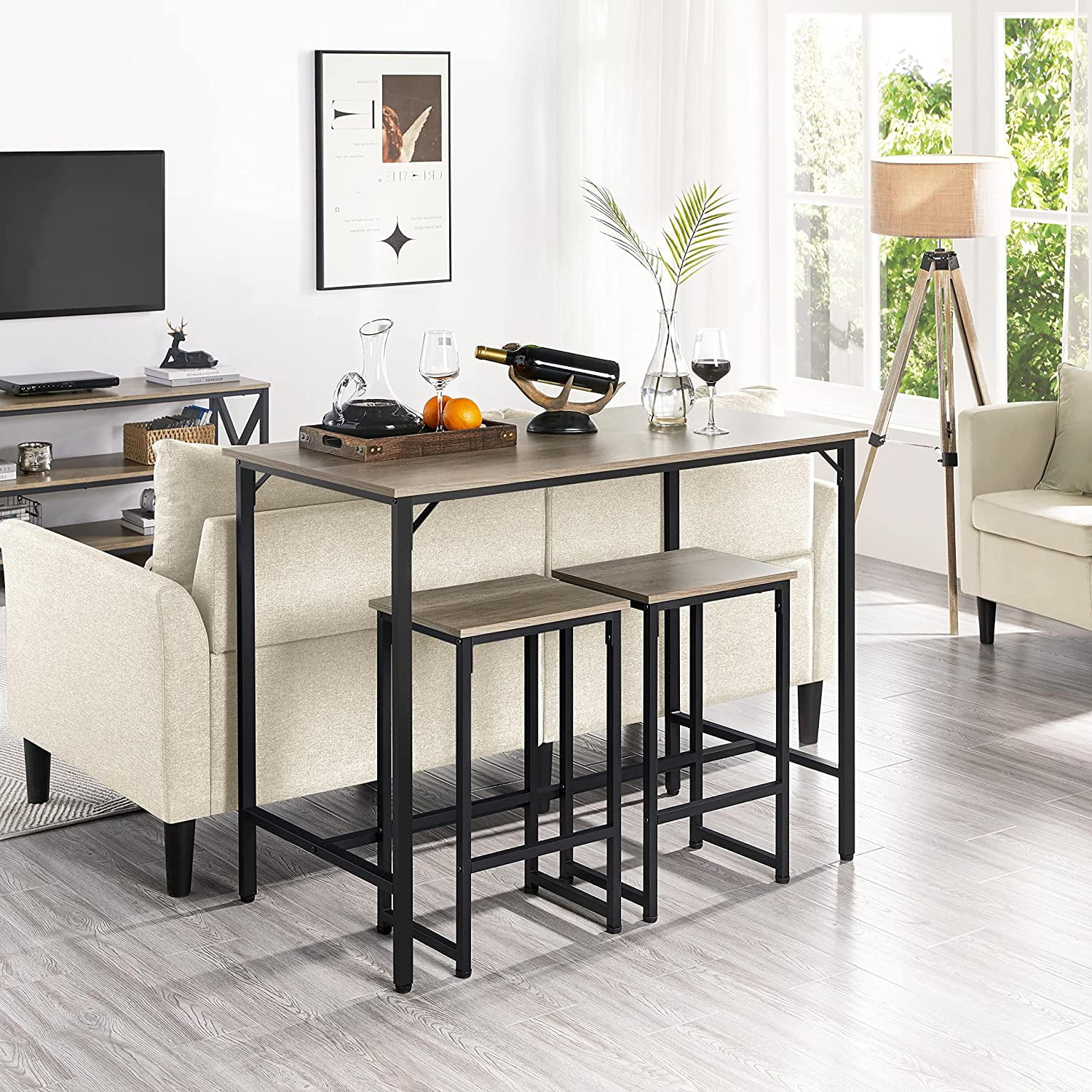 3 Piece Bar Table Set, 47.5” Industrial Counter Height Dining Table with Bar Stools Set of 2, Kitchen Breakfast Table and Chairs for Dining Room