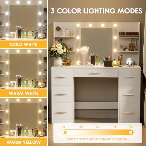 VICTONE Vanity Desk with LED Lighted Mirror&Power Outlet