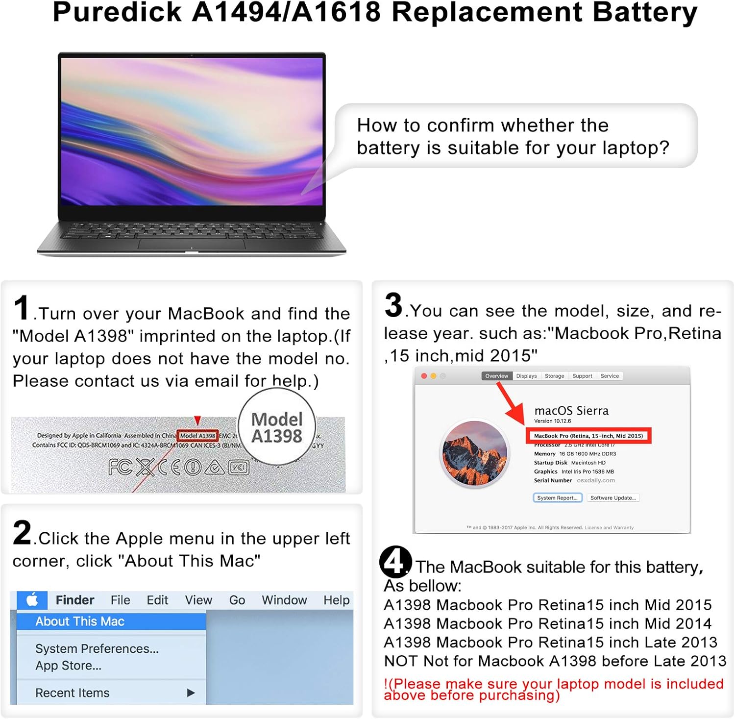 A1494 A1618 Battery Only for (Mid 2015, Mid 2014, Late 2013) A1398 - Puredick Replacement Battery for 15-inch A1398