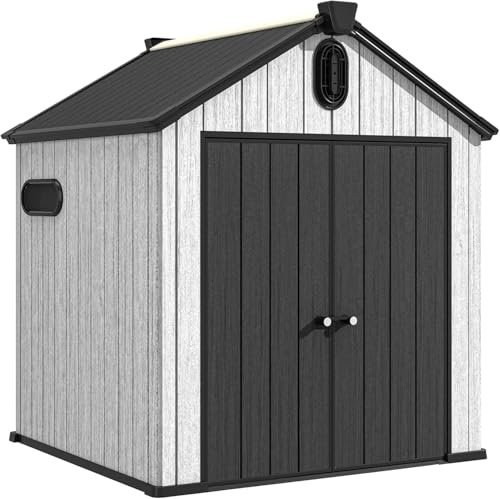UDPATIO 6x6 FT Outdoor Storage Shed, Resin Plastic Shed with Floor Air Vents Side Windows Skylights Lockable Doors, Backyard Patio Garden, Grey