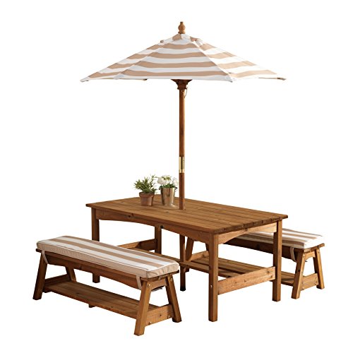 KidKraft Outdoor Wooden Table & Bench Set with Cushions and Umbrella, Kids Backyard Furniture, Navy and White Stripe Fabric