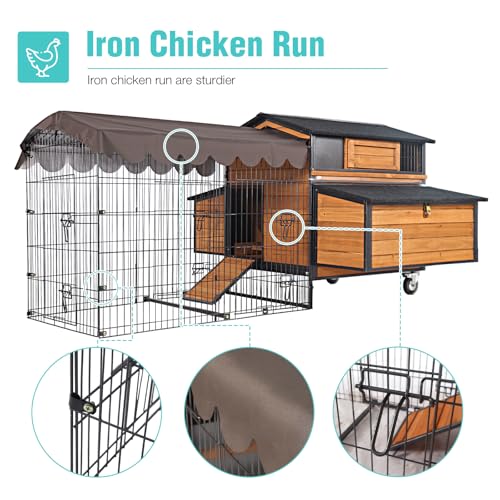 Large Chicken Coop for 3-6 Chickens,All-Steel Frame Hen House with Wheels,Nesting Box,Metal Run,Waterproof Rain Cover Duck Coop