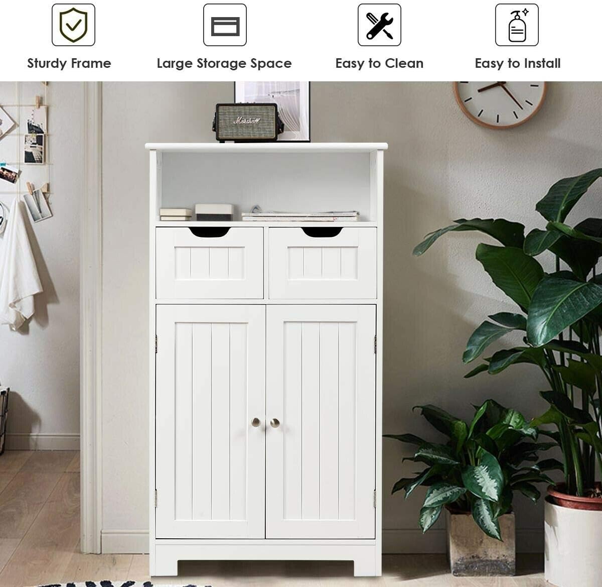 Elegant Design Multifunction Freestanding Bathroom Floor Cupboard Cabinet Storage Organize with 2 Drawer Adjustable 2 Doors Sturdy Durable for Toilet