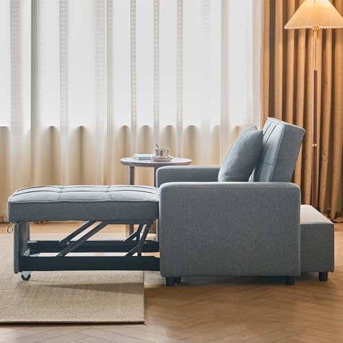 Sofa Bed Chair Convertible ，Sleeper Sofa with Pull-Out Bed ，3-in-1 Futon Couch with Reclining Backrest and Side Pocket (Blue, 35.6‘)