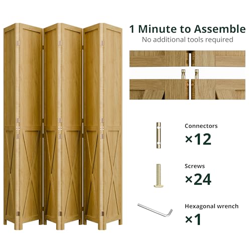Cozy Castle Wood Room Divider, 4 Panel 66.9 Inch Privacy Screen, Folding Wall Divider, Barnwood Room Separator, Freestanding Partition