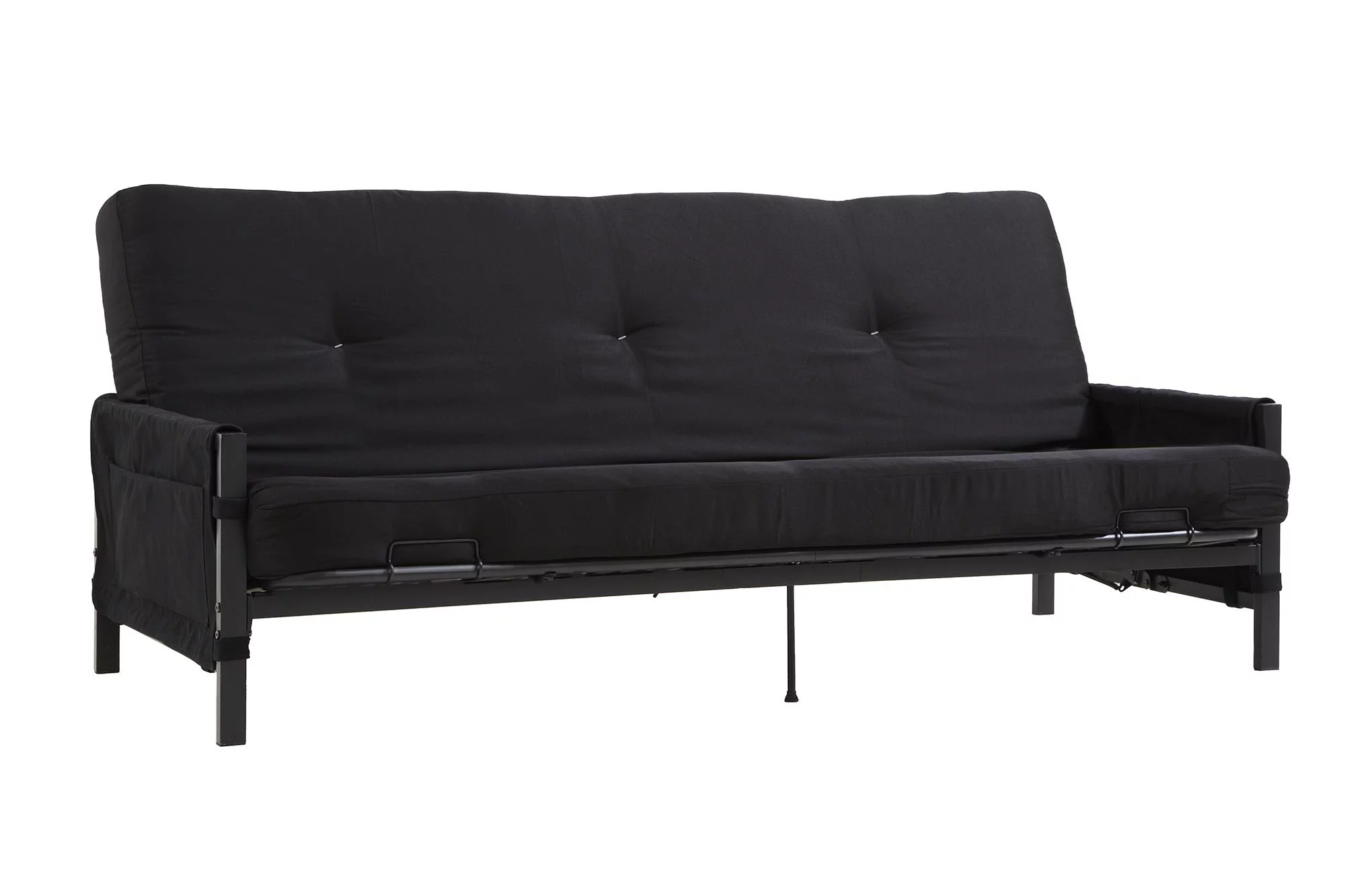 DHP Fairview Futon Set with Black Metal Frame, 6" Mattress and Storage Pockets, Black