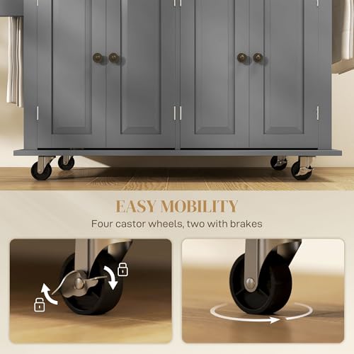 HOMCOM Kitchen Island on Wheels, Rolling Cart with Rubberwood Top, Spice Rack, Towel Rack and Drawers for Dining Room, Navy Blue