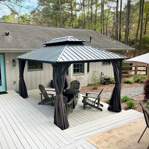Domi 10' x 10' Hardtop Gazebo Outdoor Metal Gazebo with Galvanized Steel Double Roof Canopy, Curtains and Netting for Patio, Backyard, Deck
