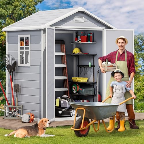 DWVO 5x3ft Resin Outdoor Storage Shed with Floor, Waterproof Lockable Storage Shed with Window, Plastic Outside Tool Storage for Garden, Backyard