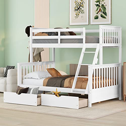Ball & Cast Full Over Full Bunk Bed with Twin Size Trundle and Built in 4 Drawer,Wood Bunkbed w/Storage Ladder & Slat Support