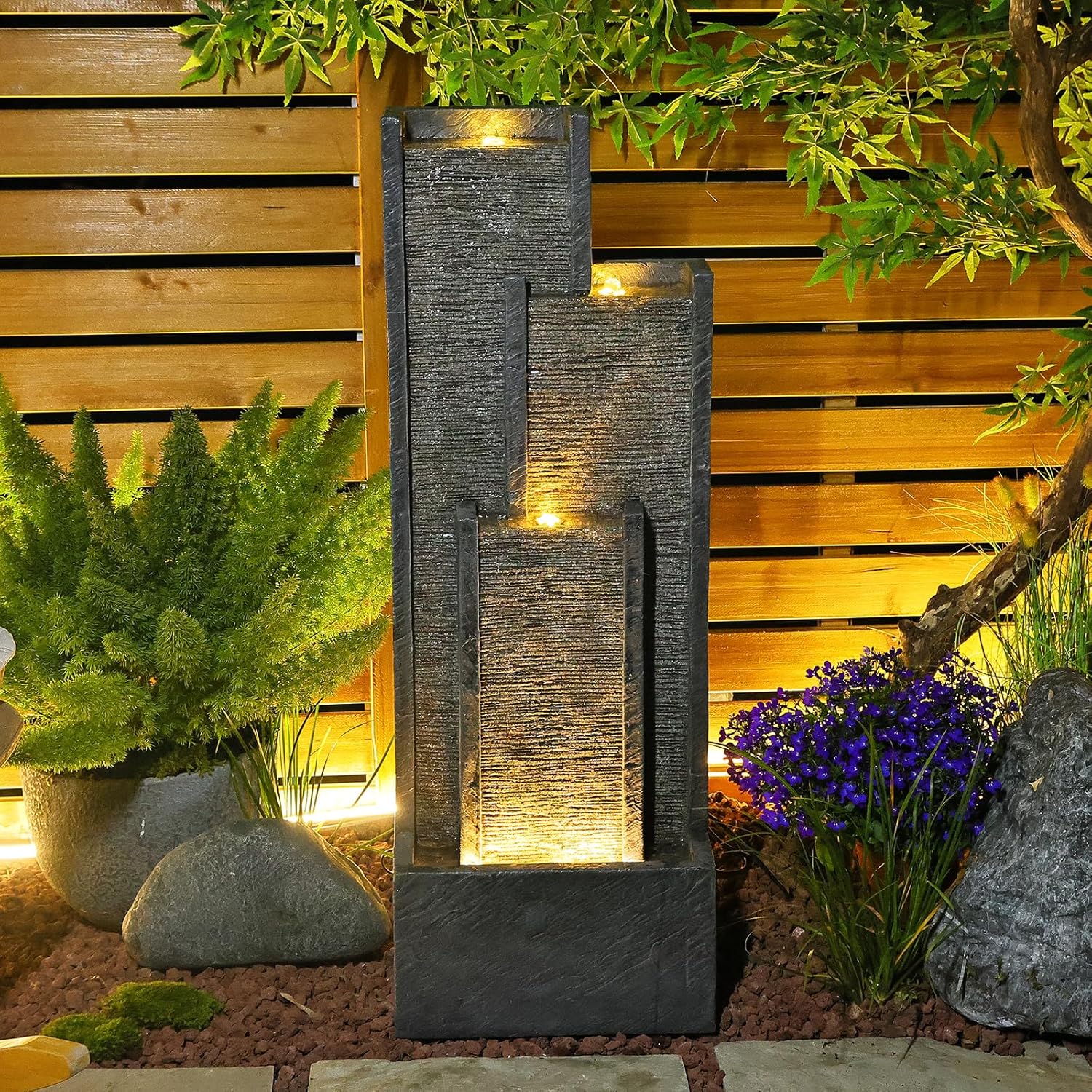 Water Fall Fountains Indoor Outdoor - 39.3” Inches Tall Indoor Waterfall Fountain Outdoor Modern Waterfall Fountains with LED Lights for Garden