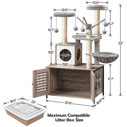 HOOBRO Cat Tree with Litter Box Enclosure, 27.6" L x 18.9" W x 52" H, All-in-One Wooden Cat Tower, Cat Furniture for Indoor Cats