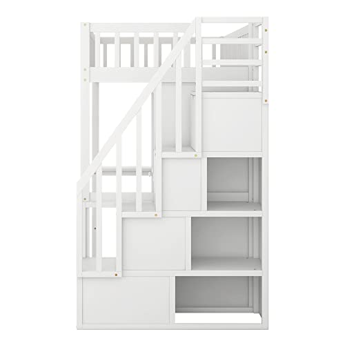 Twin Loft Bed with Staircase, Desk and Wardrobe, Wood Loft Bed with Storage Shelves and Safety Guardrail
