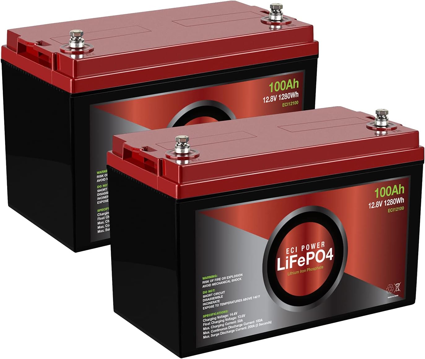 2 Pack ECI Power 12V 100Ah Lithium LiFePO4 Deep Cycle Rechargeable Battery | 2000-5000 Life Cycles & 10-Year lifetime | Built-in BMS | Perfect for RV