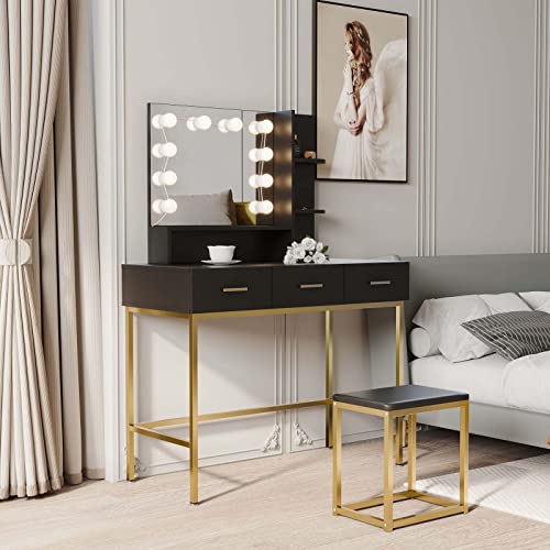 Vanity Table Set with Make Up Round Mirror and Stool, Modern Dressing Table with Storage Drawer for Women Bedroom Small Spaces, White