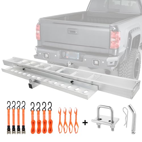 Motorcycle Hitch Carrier 400LBS, Lightweight Robust Aluminum Dirt Bike Hitch Carrier with 4.5' Longer Ramp, Tie-Down Straps and Hitch Tightener