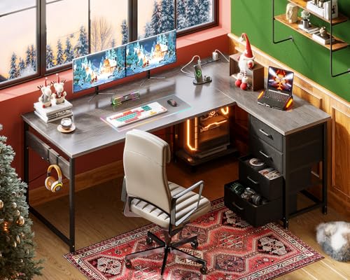 AODK L Shaped Gaming Desk with 4 Drawers, 61" Reversible Home Office Desks with Power Outlets