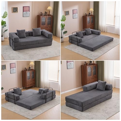 Convertible Floor Sofa Bed, Foldable Mattress Cloud Couch with Pillow Back & Armrest, Chenille Sleeper Sofa Bed with Fixed-Shape Frame