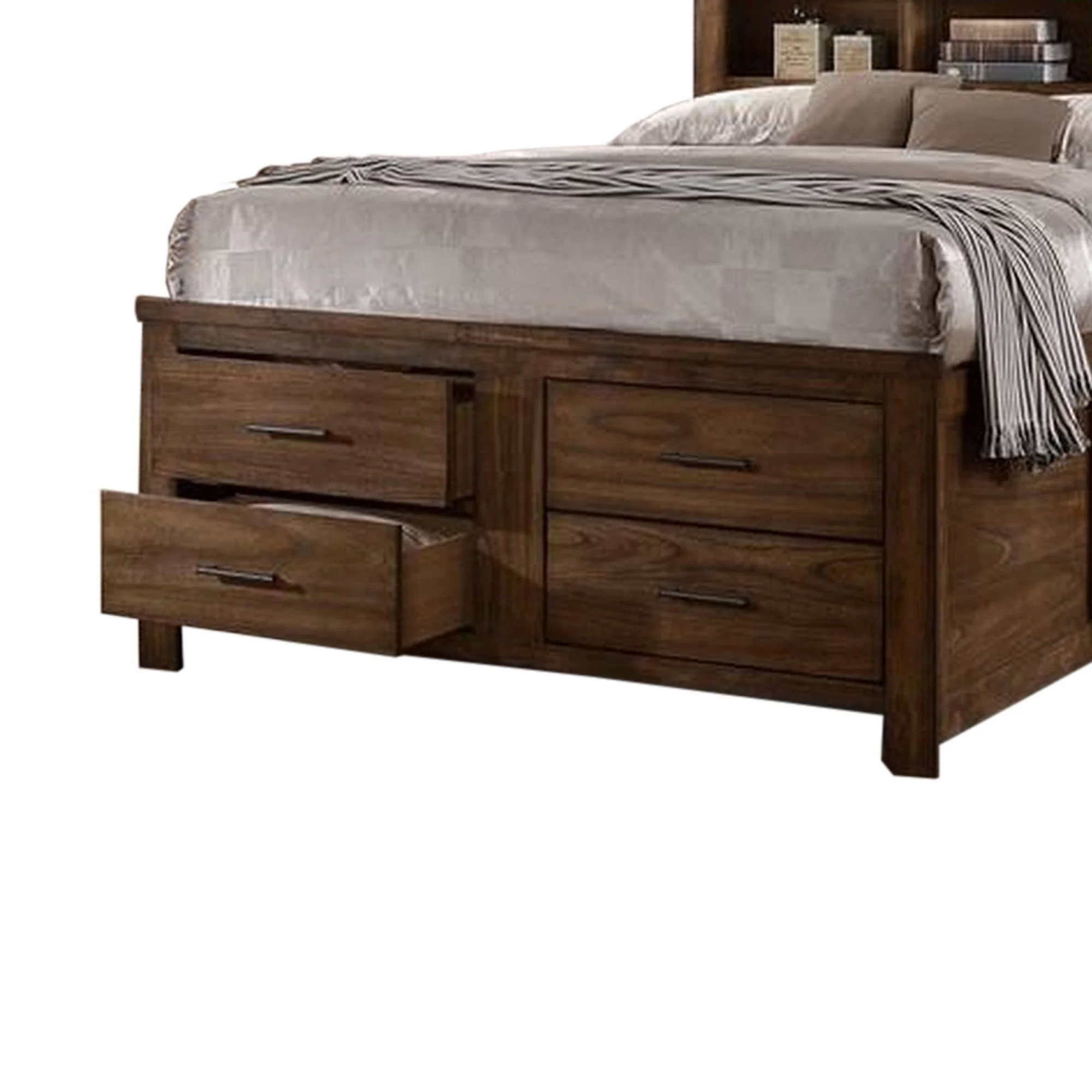 Benjara Tiva Wood King Size Bed, 6 Drawers, Book Case Frame, Distressed Oak Brown