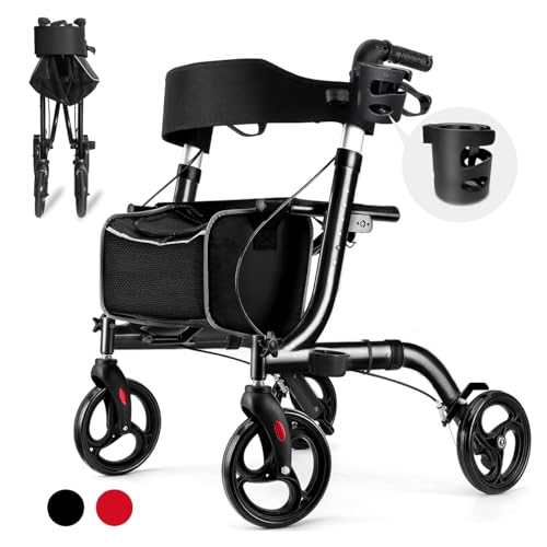 HSA/FSA Eligible Rollator Walker with Seat, Rolling Walkers for Seniors with Cup Holder, Foldable Lightweight Rolling Walker with Seat & Brakes
