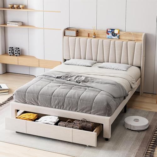 IDEALHOUSE Queen Size Bed Frame with Storage Headboard, Upholstered Platform Beds with Drawers, Charging Station, Noise-Free, No Box Spring Needed