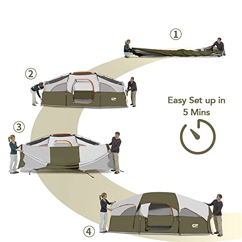 CAMPROS CP Tent 8 Person Camping Tents, Weather Resistant Family Tent, 5 Large Mesh Windows, Double Layer, Divided Curtain for Separated Room
