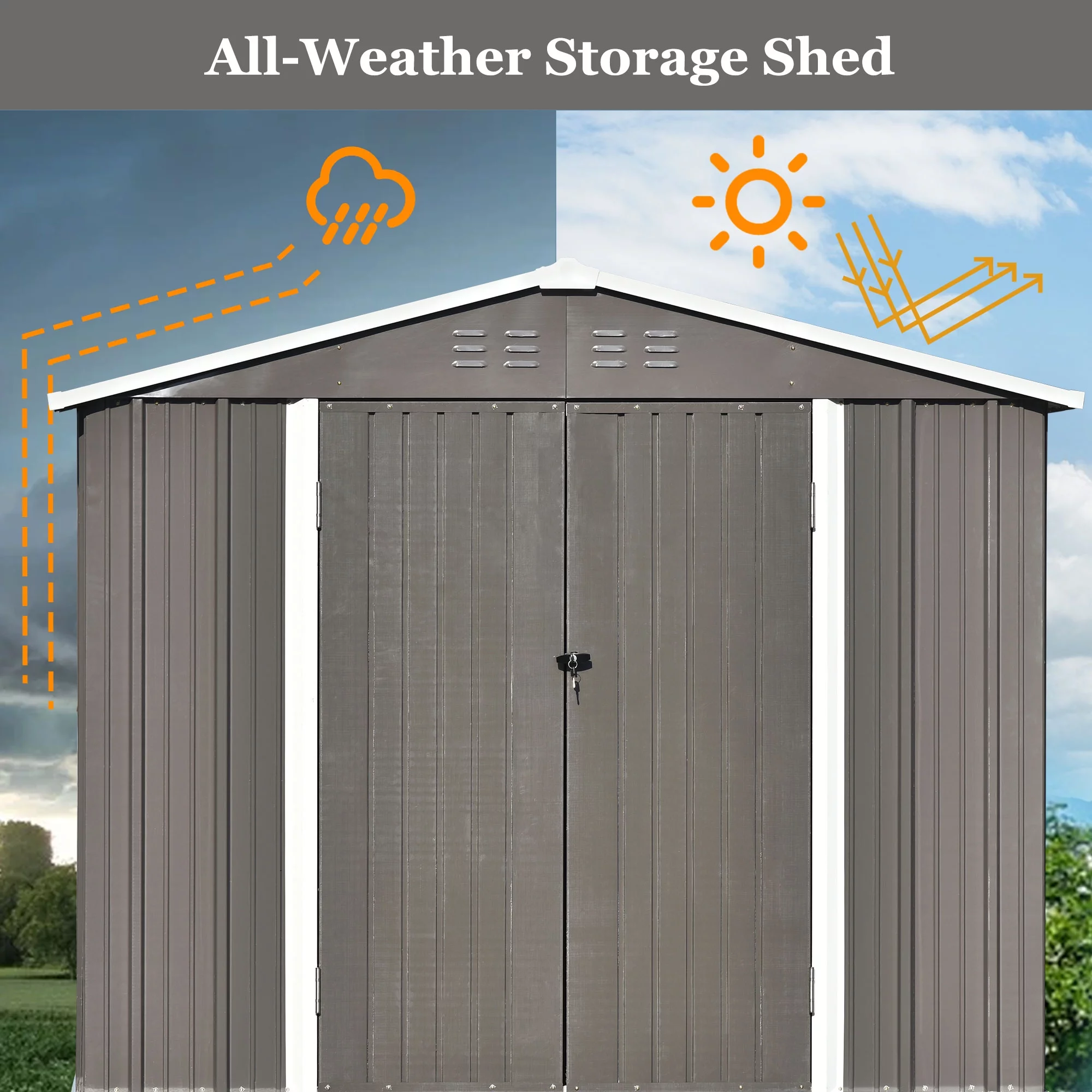 Sesslife 8' x 6' Outdoor Storage Shed, Patio Galvanized Steel Metal Shed with Lockable Doors and Adjustable Shelves