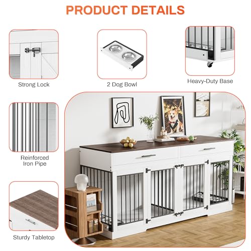 Rophefx 72" Dog Crate Furniture for 2 Dogs, Large Double Dog Kennel Indoor Furniture with 2 Storage Drawers and Removable Divider