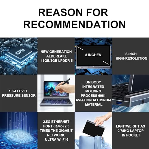 8 inch Mini Laptop HD Touchscreen Portable 2-in-1 Small Computer, Windows 11 Pro Laptop for Business and Students