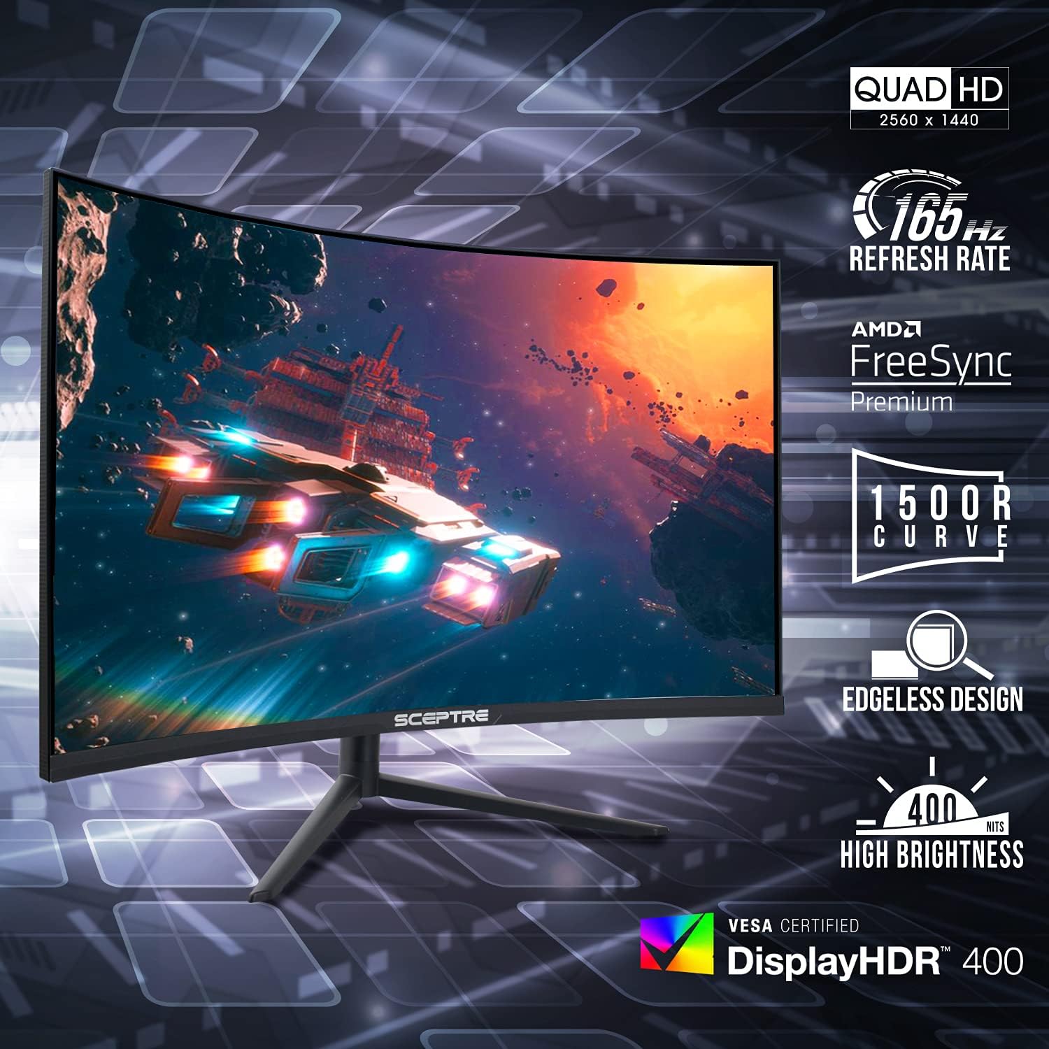 Sceptre 32 inch Curved 2K Gaming Monitor QHD 2560 x 1440 up to 165Hz 144Hz 1ms HDR400 400 Lux AMD FreeSync Premium