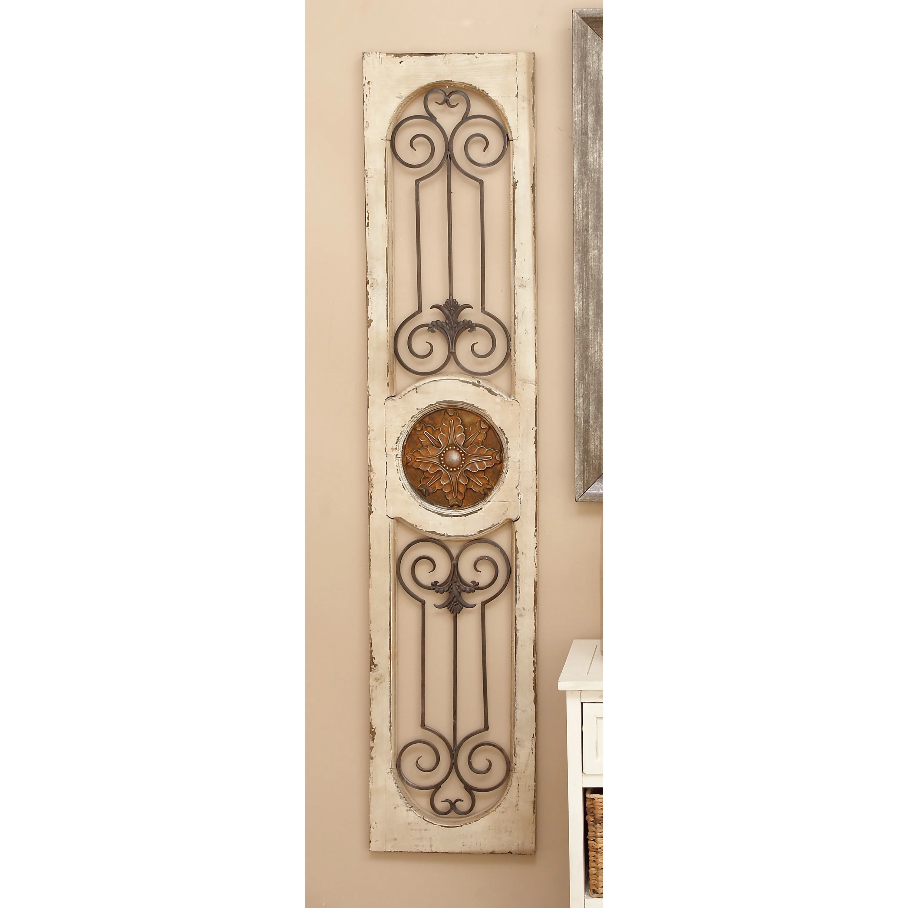 DecMode White Wood Distressed Door Inspired Ornamental Scroll Wall Decor with Metal Wire Details