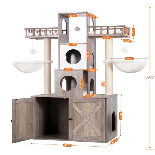 Heybly Cat Tree with Litter Box Enclosure for Indoor Big Cat, Cat Tower for Large Cats 20 lbs Heavy Duty