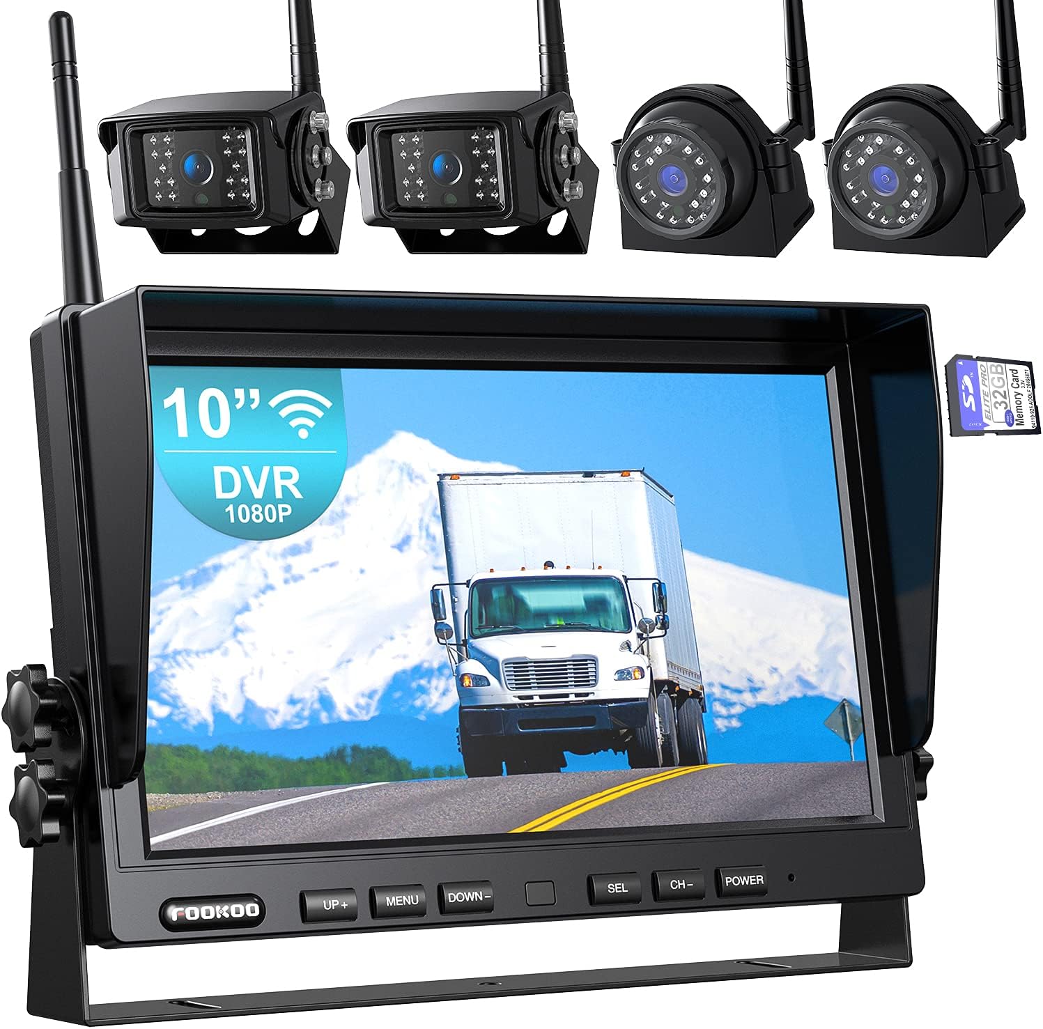 Fookoo HD 1080P 10" Wireless Backup Camera System, 10-inch Quad Split Monitor w/ Recording, IP69 Waterproof Rear View Side View Cameras