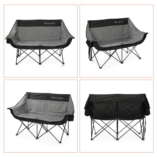 REALEAD Heated Double Camping Chair, 3 Heat Levels and 4 Heating Zones, Portable Heated Loveseat Chair for Outdoor Sports Support 650lbs