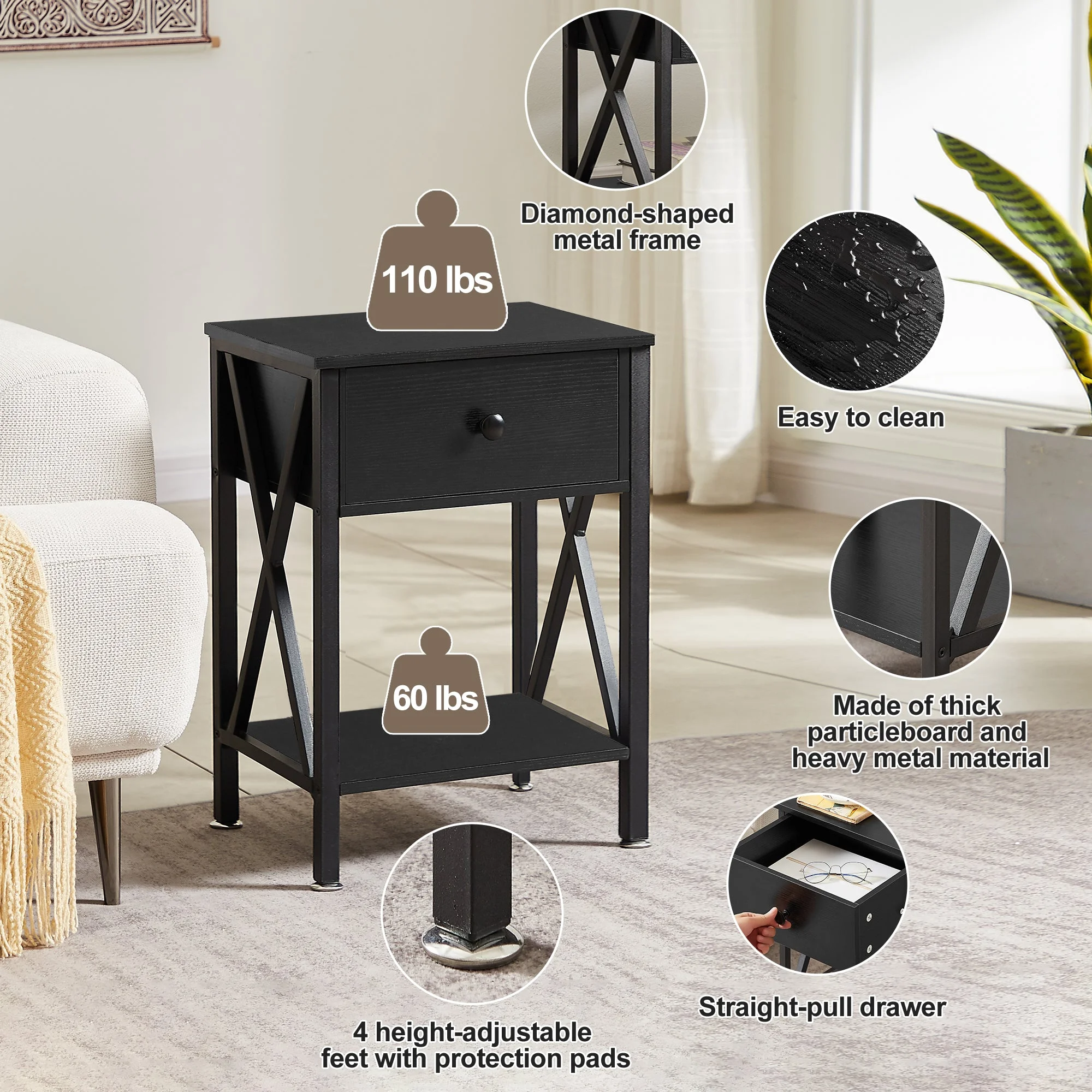 VECELO 3-Piece Bedroom Sets Upholstered Bed Frame and 2 Brown Nightstand