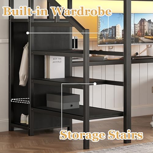 Bellemave Full Size Metal Loft Bed with L Shaped Desk and Wardrobe, Heavy Duty Loft Bed Frame with Storage Stairs