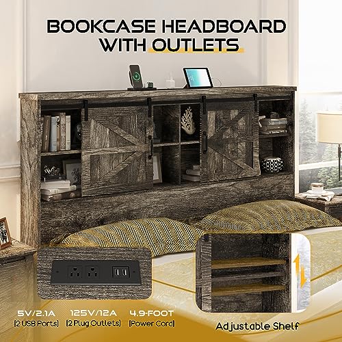 HOWE King Size Bed Frame, Wood Platform Bed Frame with 51.2" Bookcase Headboard, Storage Bed with Sliding Barn Door Charging Station 2 Drawers