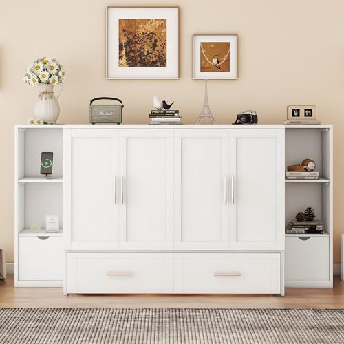 Queen Size Murphy Wall Bed with Storage, Bookcase Headboard, Solid Wood Cabinets, Shelves, Drawers and USB Ports