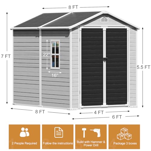 Outdoor Resin Storage Shed with Floor 8x6x7 FT Waterproof Wider Door Outside Plastic Sheds Kit for Backyard Garden Patio Lawn Tools, Gray
