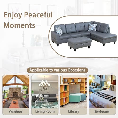 Faux Leather Sectional Sofa Couch with Storage Ottoman, L Shaped Couches for Living Room Furniture Sets、Offices、Apartments Furniture Sets