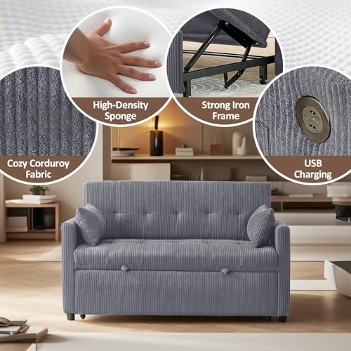 Sofa Bed, Loveseat 3-in-1 Sleeper Sofa with Pull Out Bed, Pockets and USB