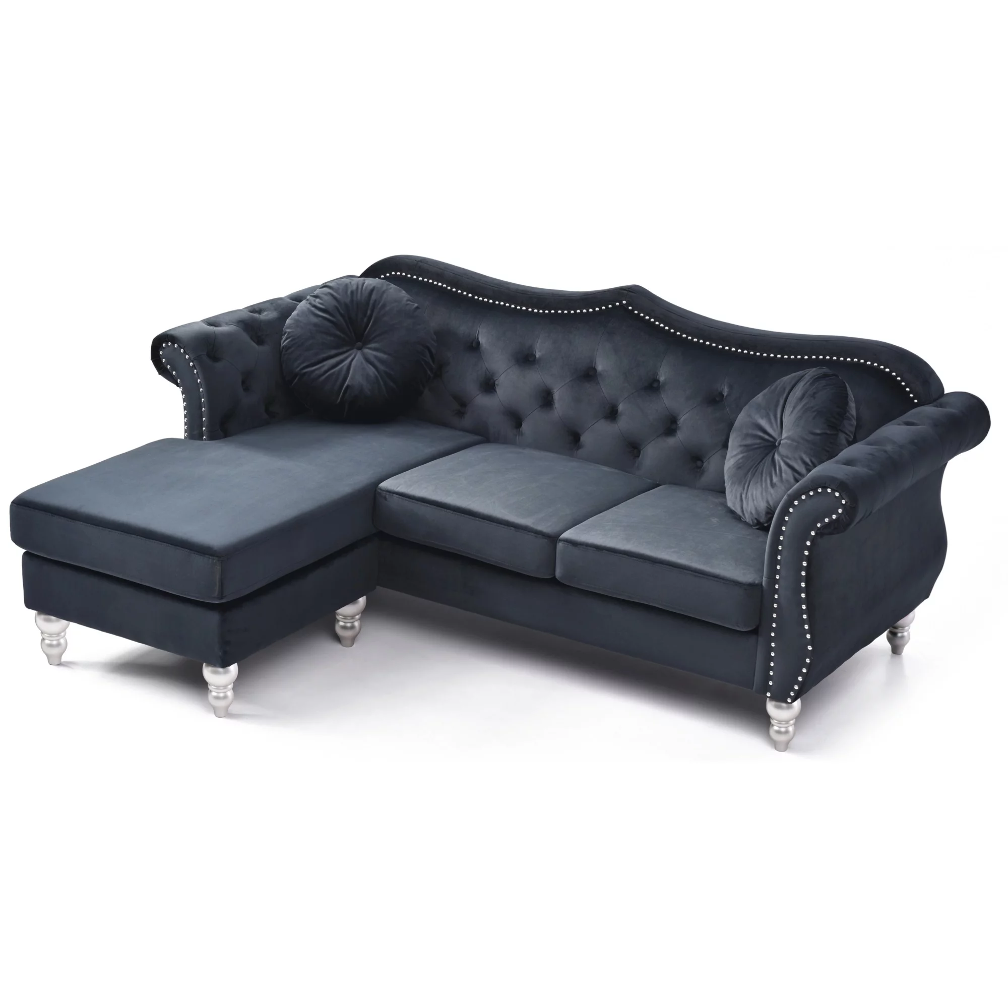 Passion Furniture Hollywood 81 in. Black Velvet Chesterfield Sectional Sofa with 2-Throw Pillow