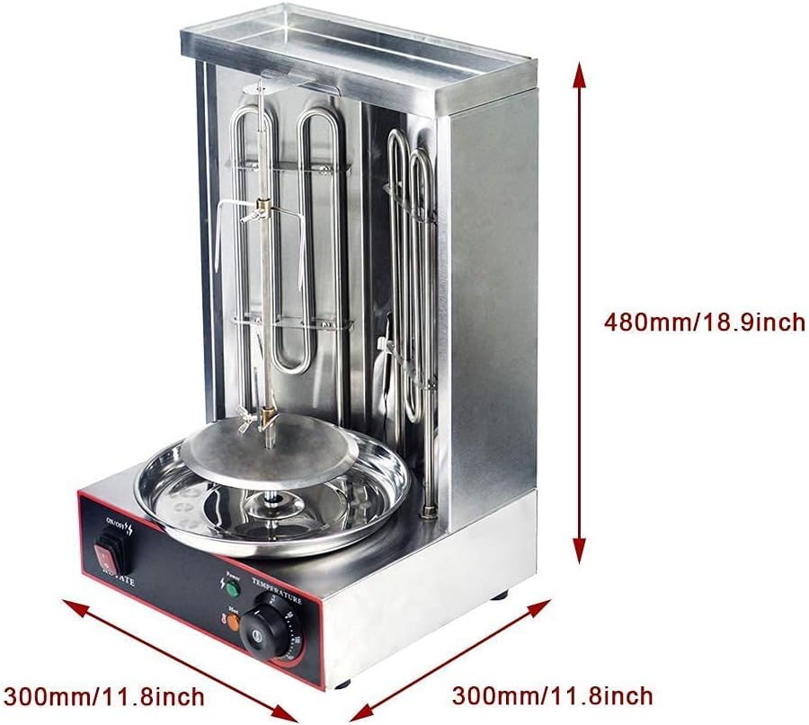 Li Bai Shawarma Machine Electric Vertical Kebab Grill Gyro Rotisserie Oven Meat Broiler with 2 Heating Tubes Stainless Steel Body 110V For Home