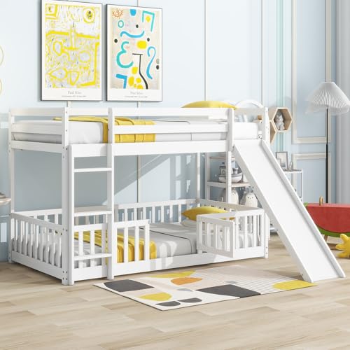 Bunk Beds Twin Over Full Size, Pine Solid Wooden Bunk Bed with Slide, Storage Staircase, Safety Guardrails for Kids, White